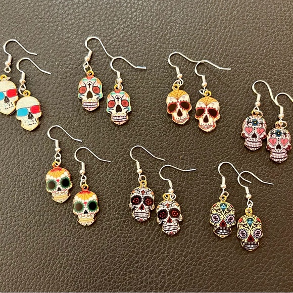 Simply Charmed Jewelry - Set of 7 pairs of enamel Sugar Skull charm dangle earrings * 925 plated hooks